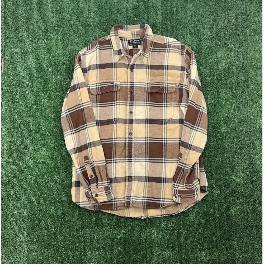 Filson Vintage Flannel Work Shirt Cream Brown Buffalo Check Mens XL
